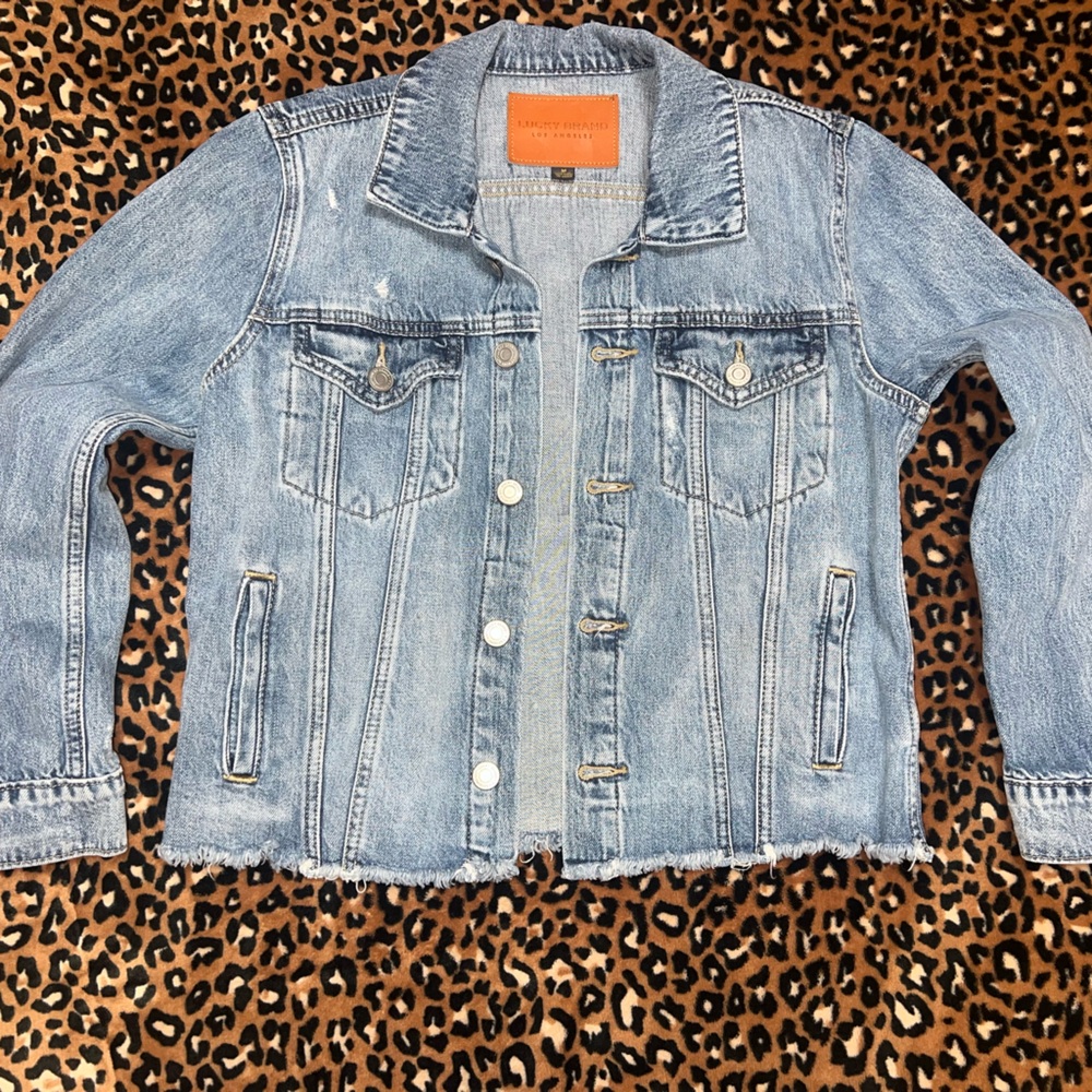 Lucky Brand Blue Jean Jacket with Leopard Collar